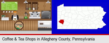 coffee and tea shop; Allegheny County highlighted in red on a map