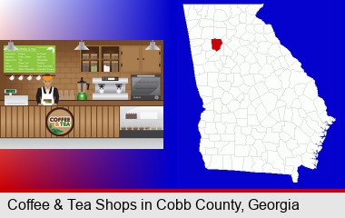 coffee and tea shop; Cobb County highlighted in red on a map