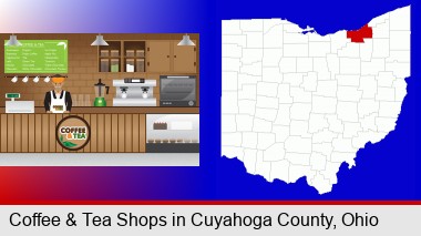 coffee and tea shop; Cuyahoga County highlighted in red on a map