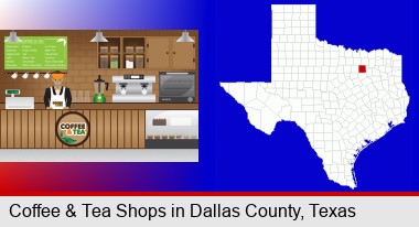 coffee and tea shop; Dallas County highlighted in red on a map