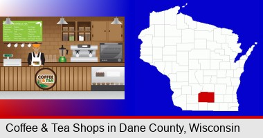 coffee and tea shop; Dane County highlighted in red on a map