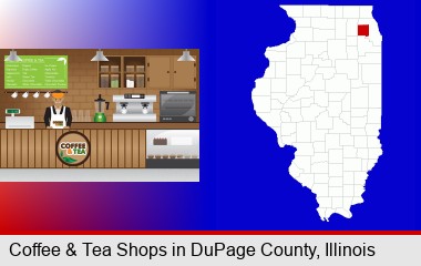 coffee and tea shop; DuPage County highlighted in red on a map