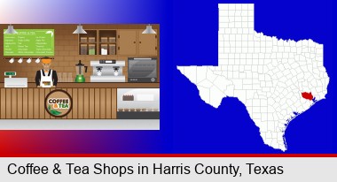 coffee and tea shop; Harris County highlighted in red on a map