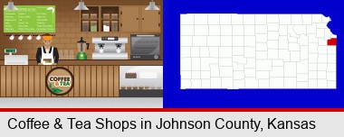 coffee and tea shop; Johnson County highlighted in red on a map