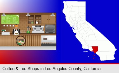 coffee and tea shop; Los Angeles County highlighted in red on a map