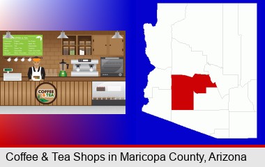 coffee and tea shop; Maricopa County highlighted in red on a map