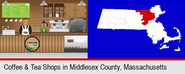 coffee and tea shop; Middlesex County highlighted in red on a map