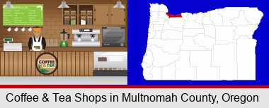 coffee and tea shop; Multnomah County highlighted in red on a map