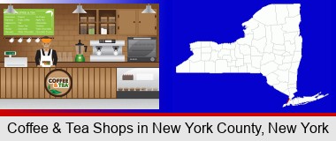 coffee and tea shop; New York County highlighted in red on a map
