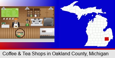 coffee and tea shop; Oakland County highlighted in red on a map