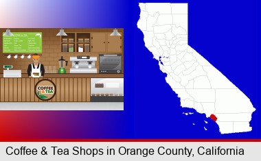 coffee and tea shop; Orange County highlighted in red on a map