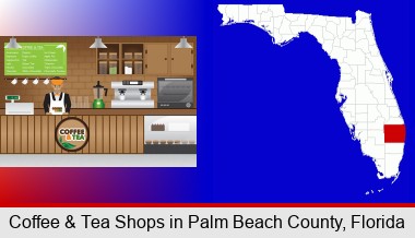 coffee and tea shop; Palm Beach County highlighted in red on a map