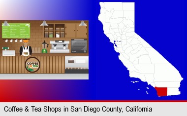 coffee and tea shop; San Diego County highlighted in red on a map