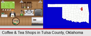 coffee and tea shop; Tulsa County highlighted in red on a map