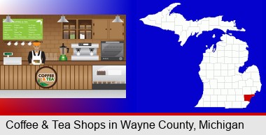 coffee and tea shop; Wayne County highlighted in red on a map